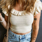Ruffled Neckline Knitted Short Sleeve Crop Top