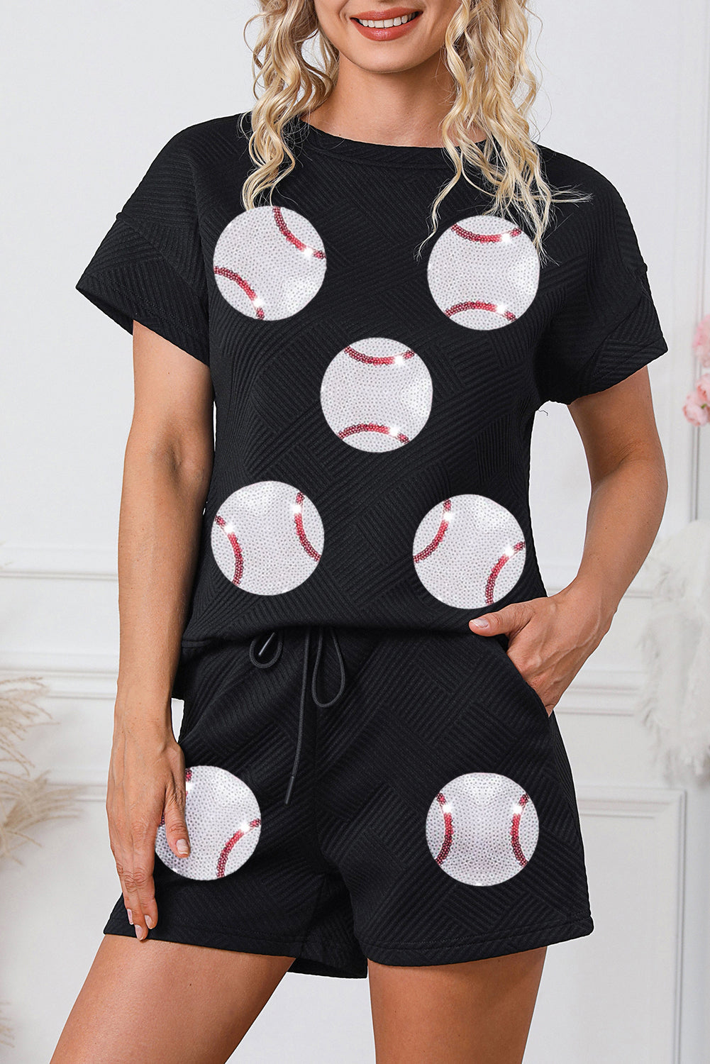 Trendy Texture Sequin Baseball Graphic Short 2pcs Set