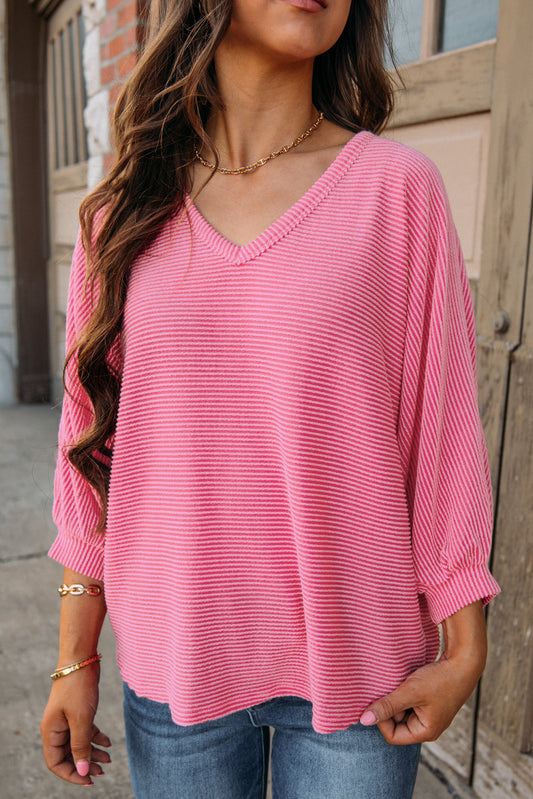 Striped Print Bracelet Sleeve V Neck Top