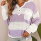 Striped Knit Button Ribbed Split Neck Sweater