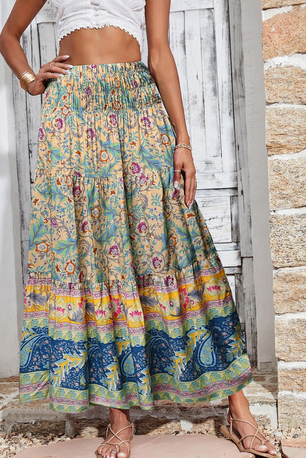 Floral & Paisley Print Shirred Waist Long Skirt