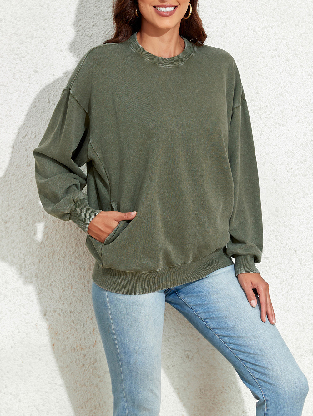 Vintage Wash Pocketed Round Neck Sweatshirt