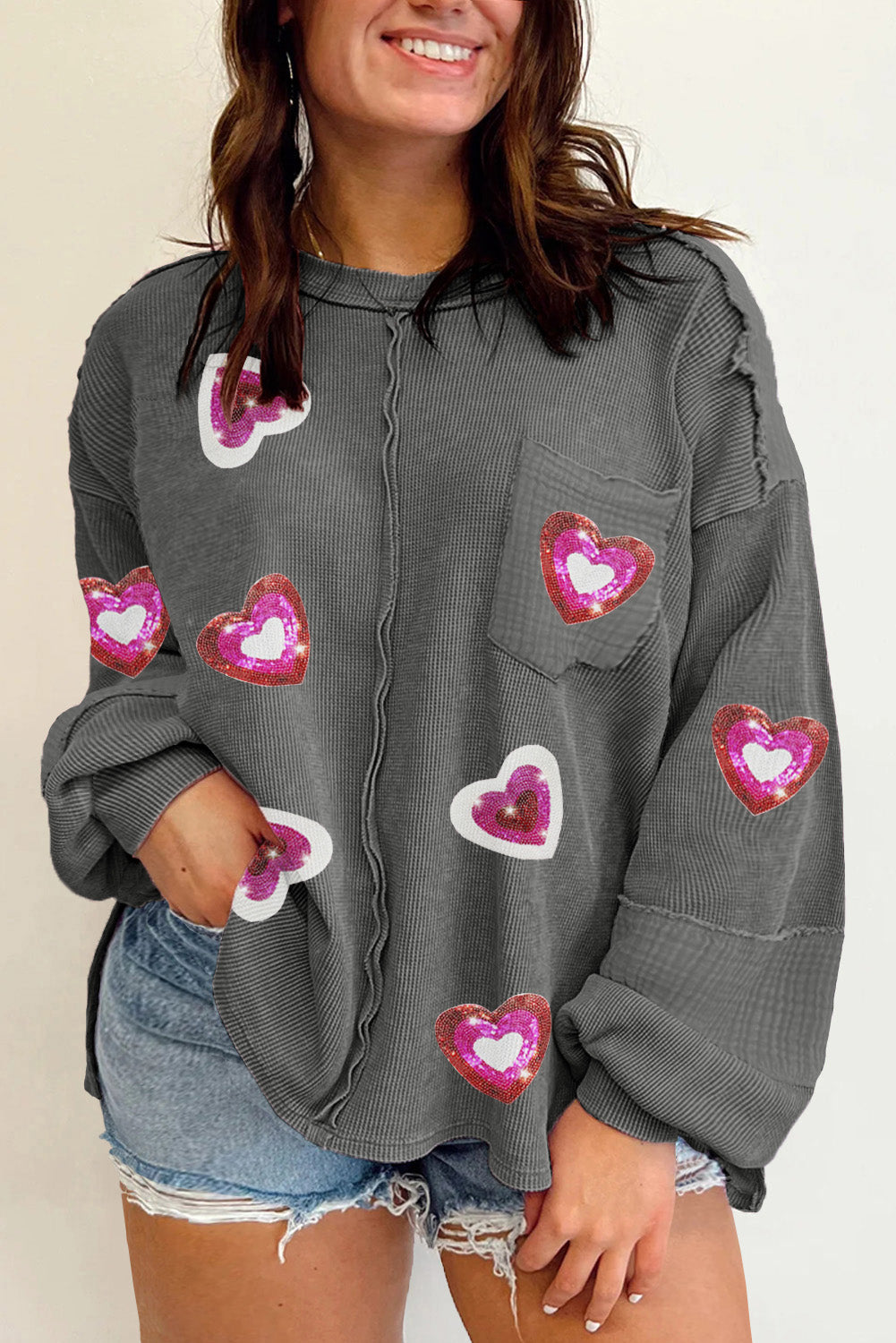 Plus Size Sequin Heart Patch Crinkle Patchwork Top