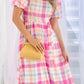 Checkered Puff Sleeve Belted Midi Dress