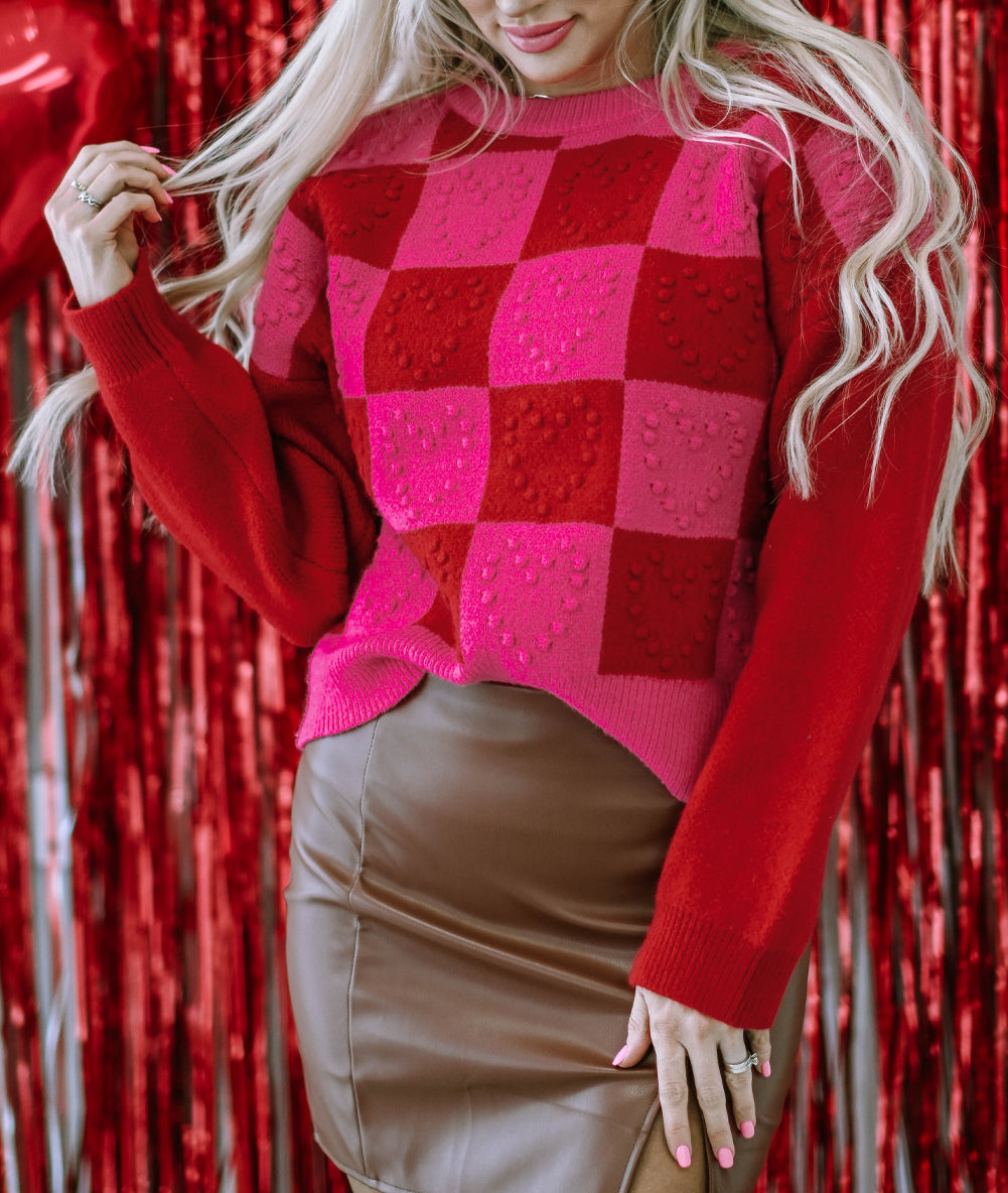 Checkered Pattern Heart Detail Textured Sweater