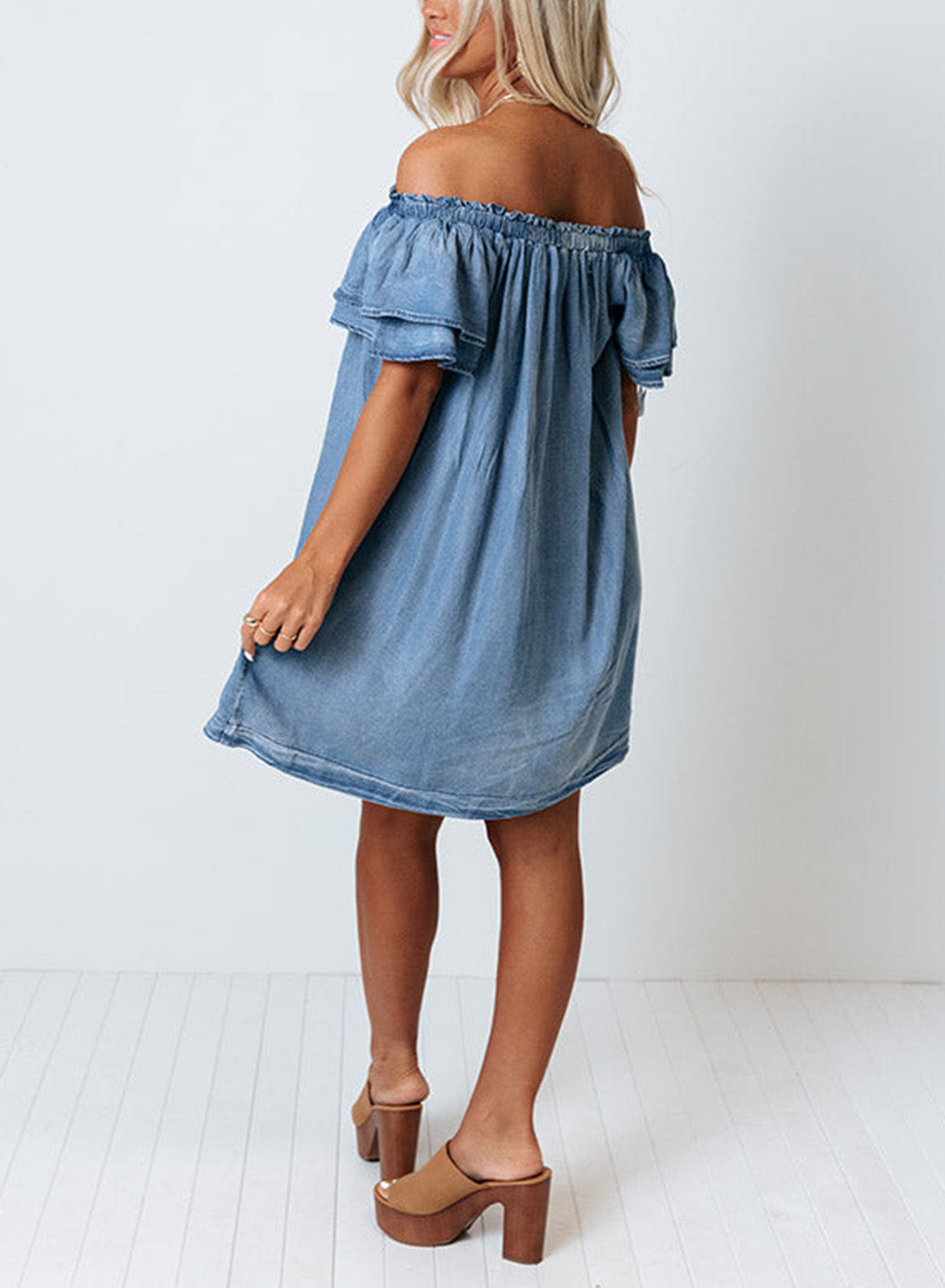 Off-shoulder Ruffle Sleeves Chambray Dress