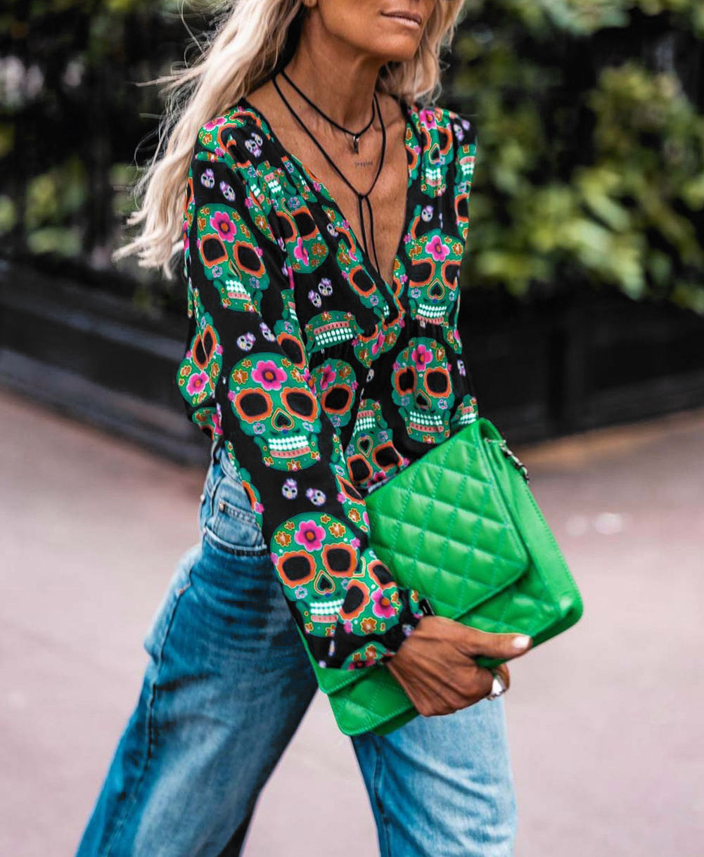 Sugar Skull Printed V Neck Babydoll Blouse