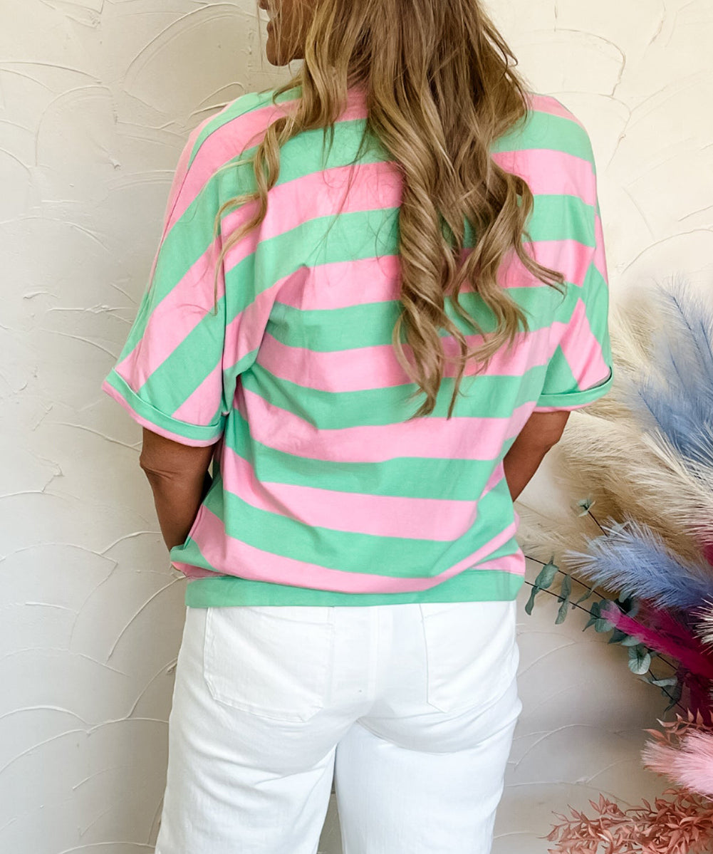 Stripe Colorblock Cuffed Sleeve Loose Tee