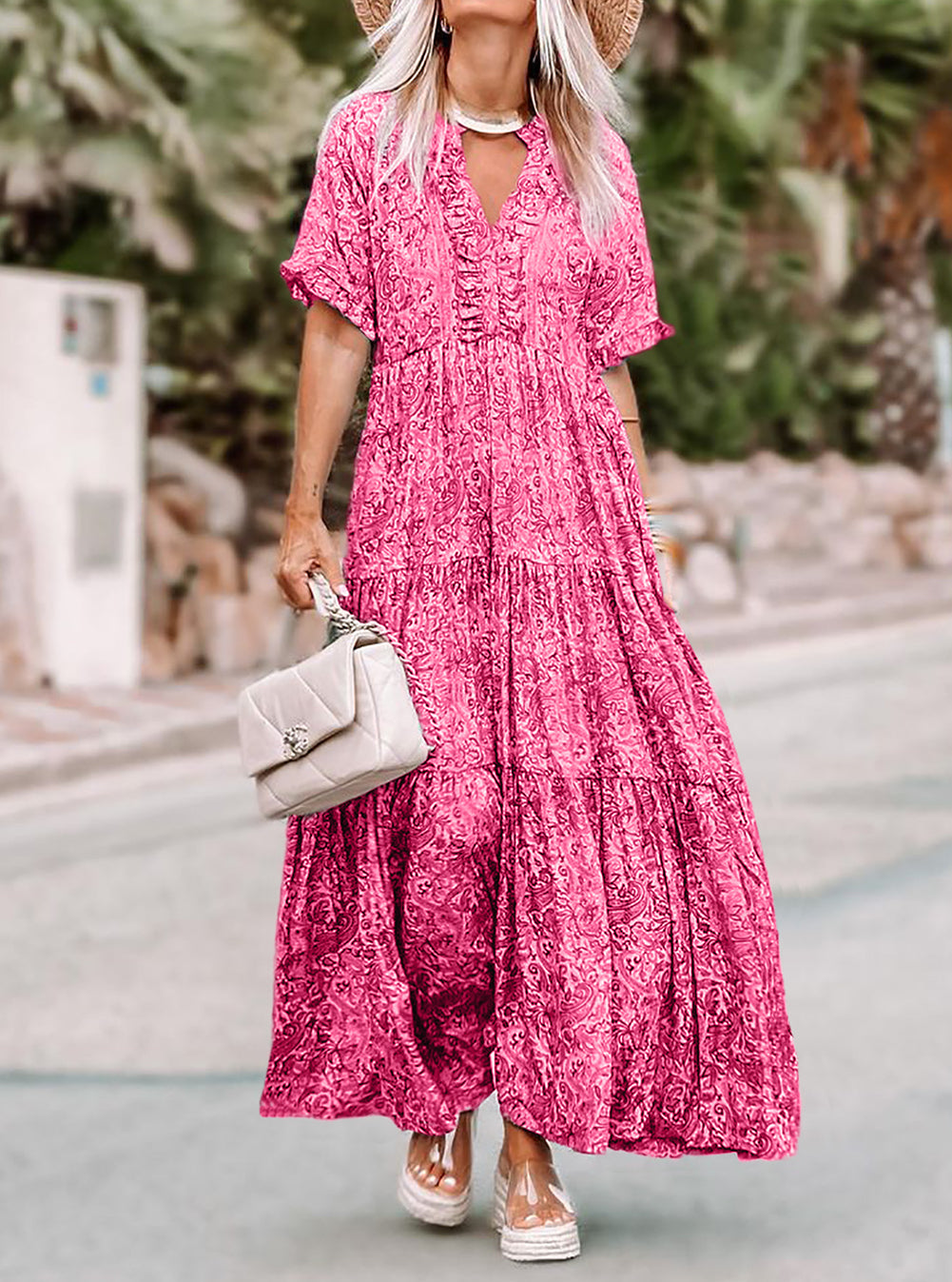 Paisley Print Boho Holiday Ruffle Tiered Maxi Dress