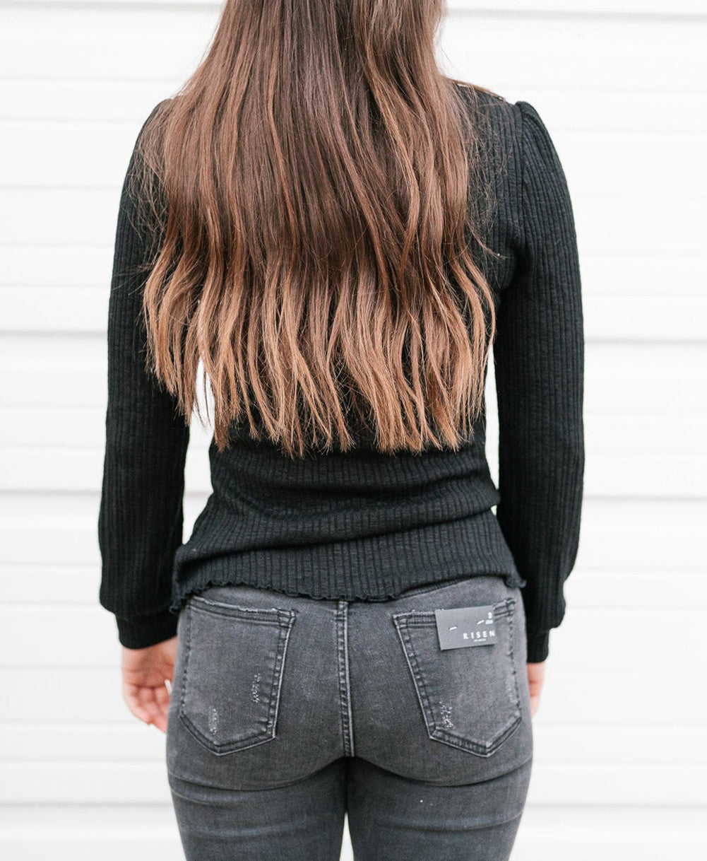 Solid Color Ruffled High Neck Long Sleeve Top