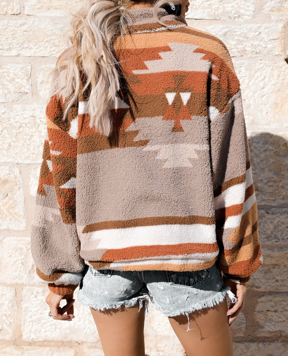 Aztec Quarter Zip Pocketed Fleece Sweatshirt