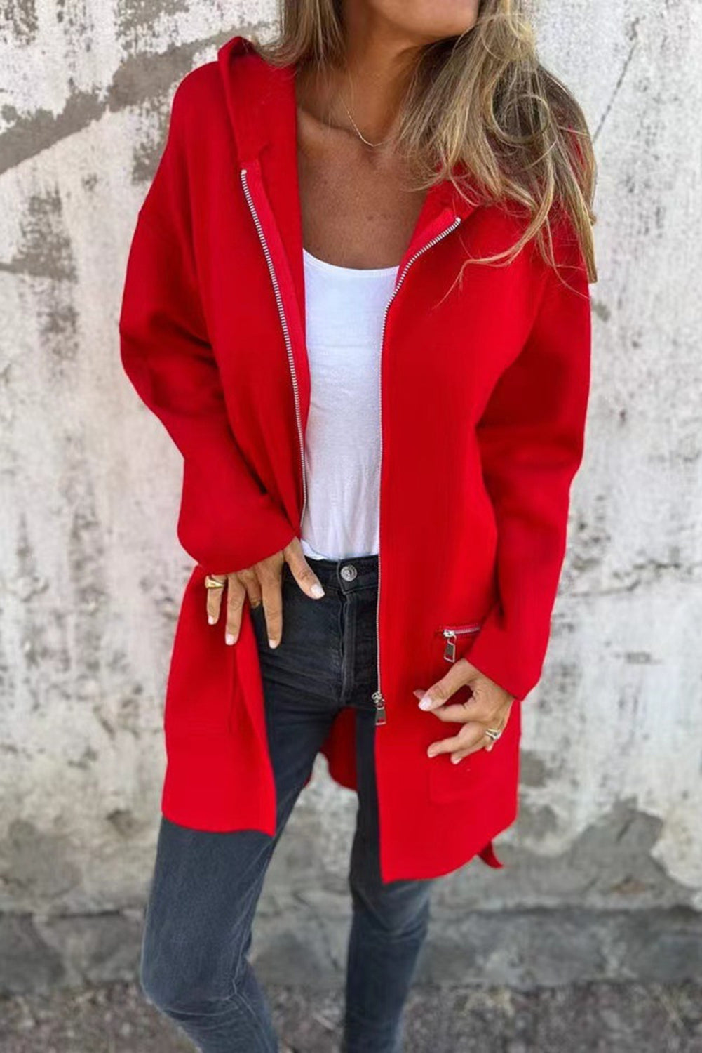 Solid Color Casual Zip up Hooded Coat