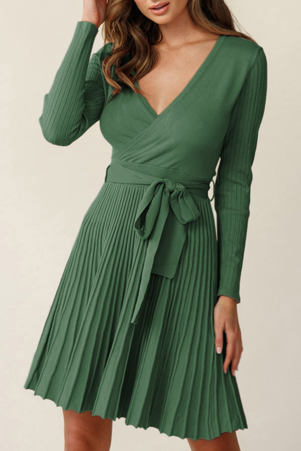 Belted V Neck Ribbed Pleated Sweater Dress