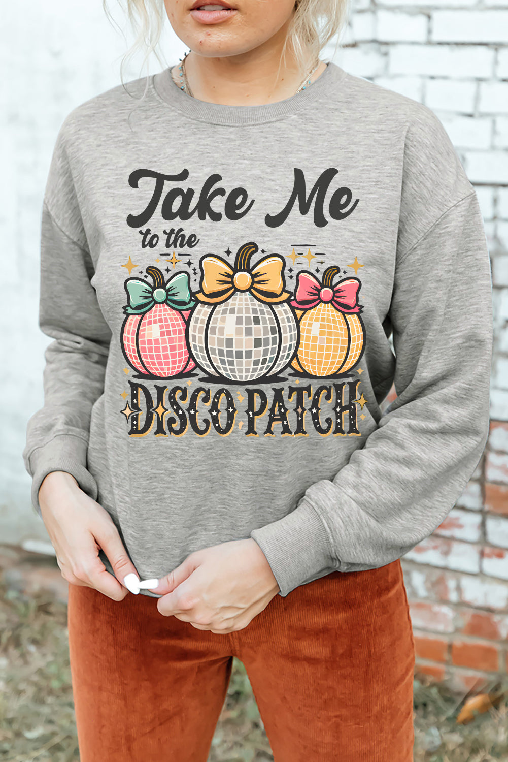 Disco Ball Bowknot Pumpkin Graphic Crewneck Sweatshirt