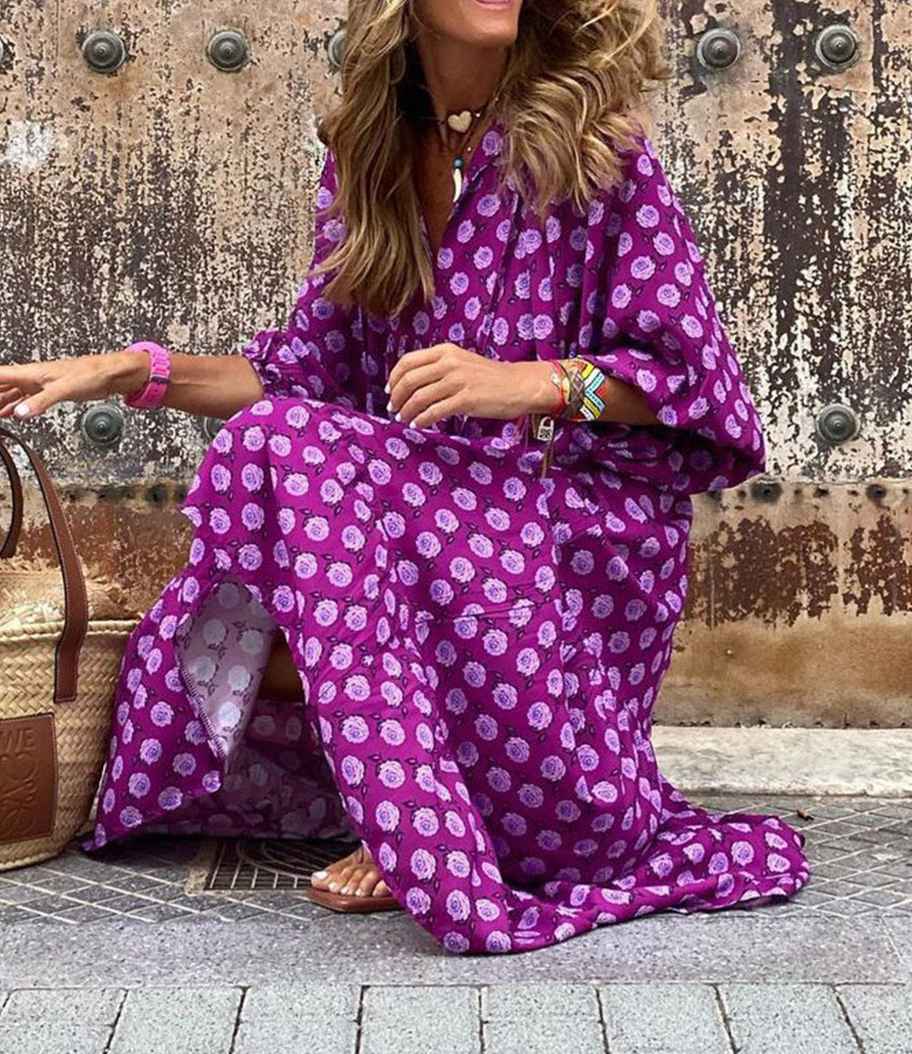 Boho Printed Puff Sleeve Maxi Dress