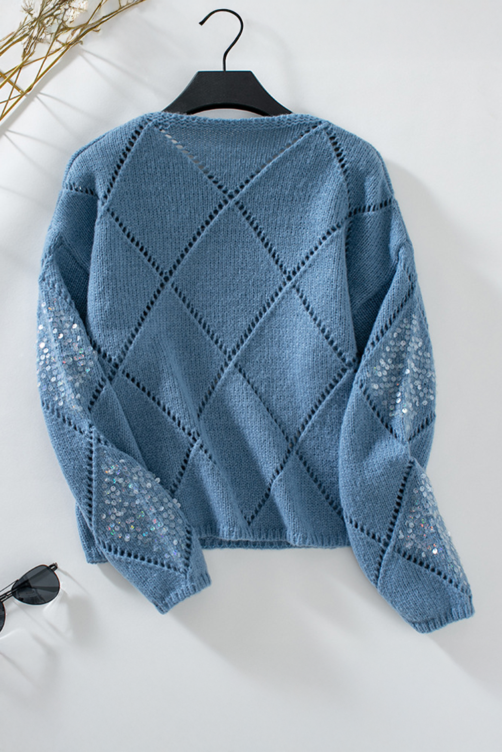 Hollowed Rhombus Pattern Sequin Detail Round Neck Sweater