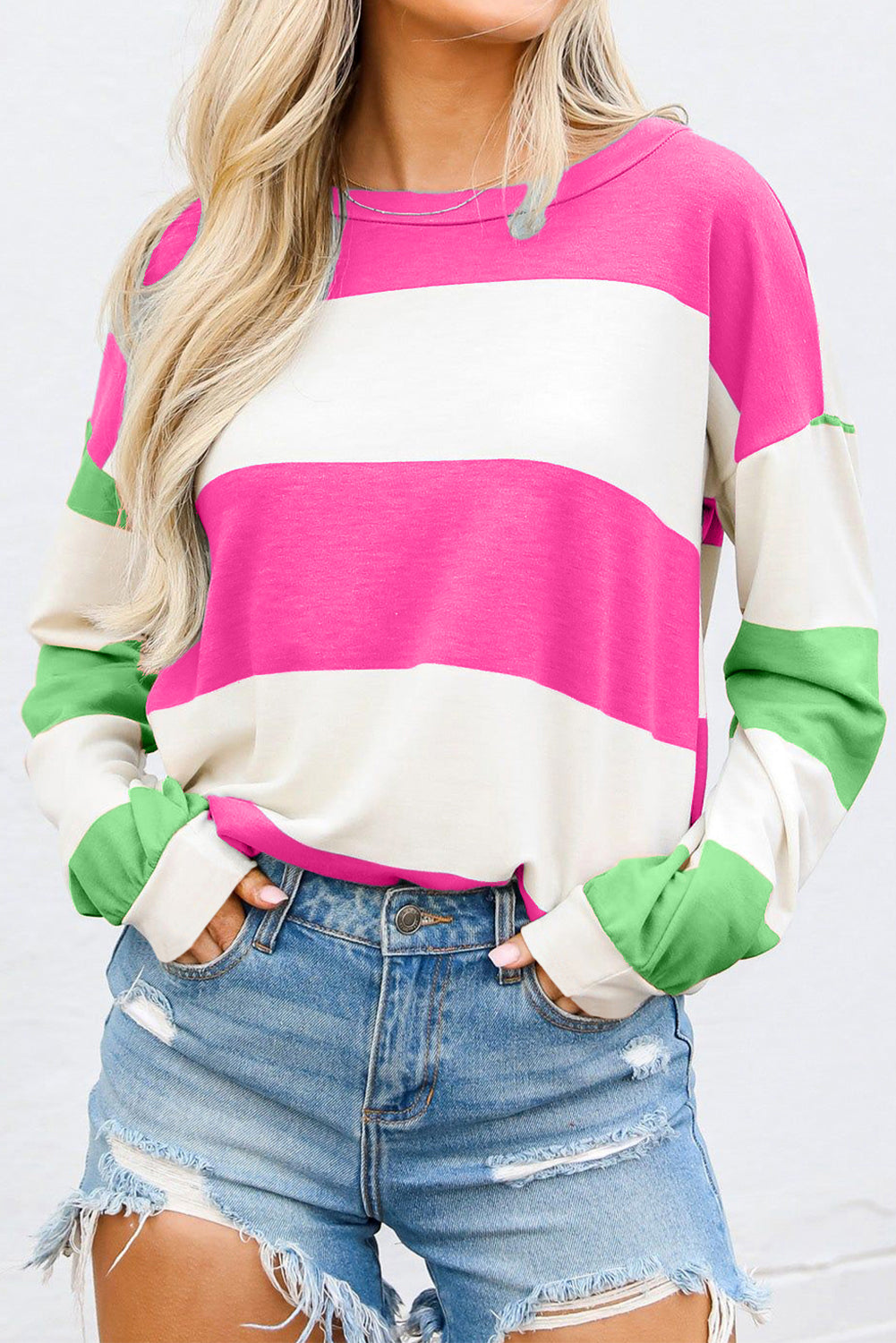 Colorblock Striped Drop Shoulder Long Sleeve Top