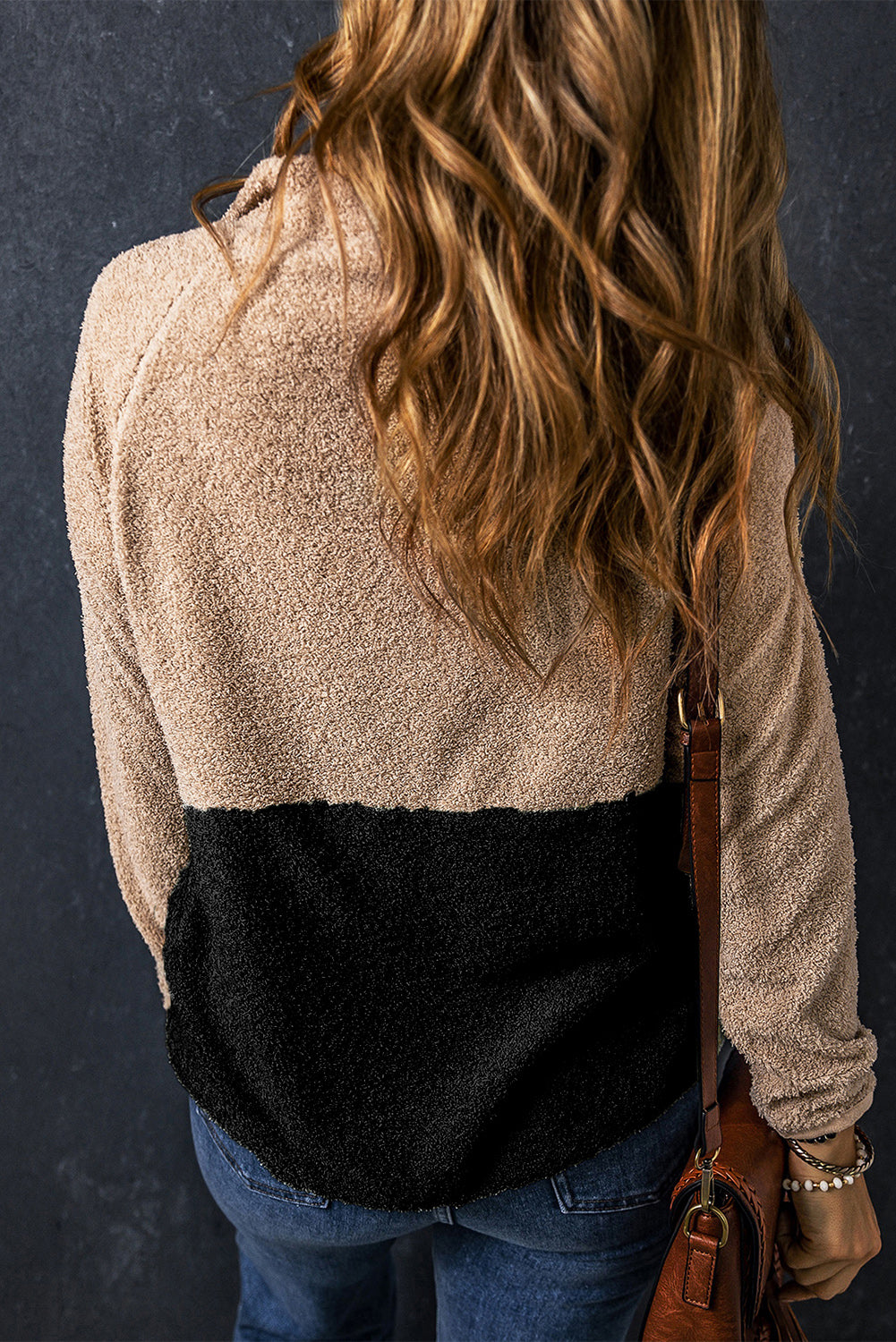 Two Tones Color Block Half Zip Fleece Sweatshirt