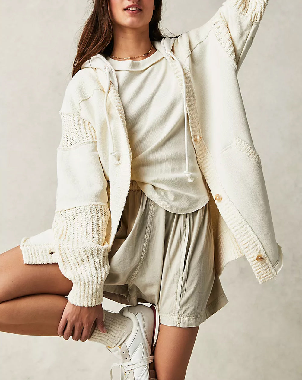 Contrast Knit Patchwork Hooded Functional Coat