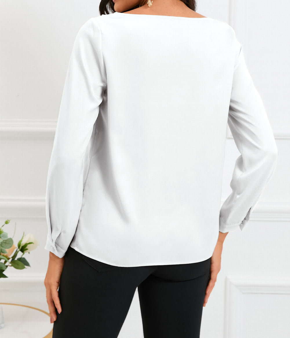 Solid Asymmetric V Neck Long Sleeve Satin Blouse