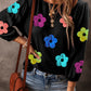 Sequin Flower Bracelet Sleeve Crew Neck Top