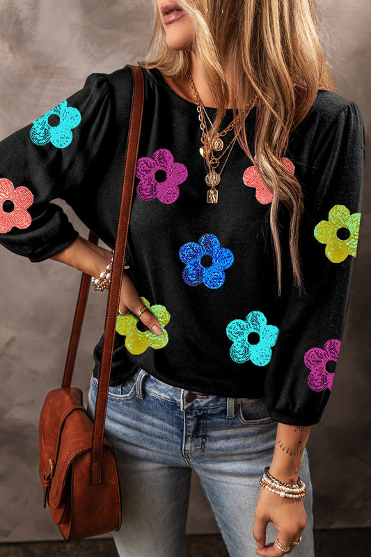 Sequin Flower Bracelet Sleeve Crew Neck Top