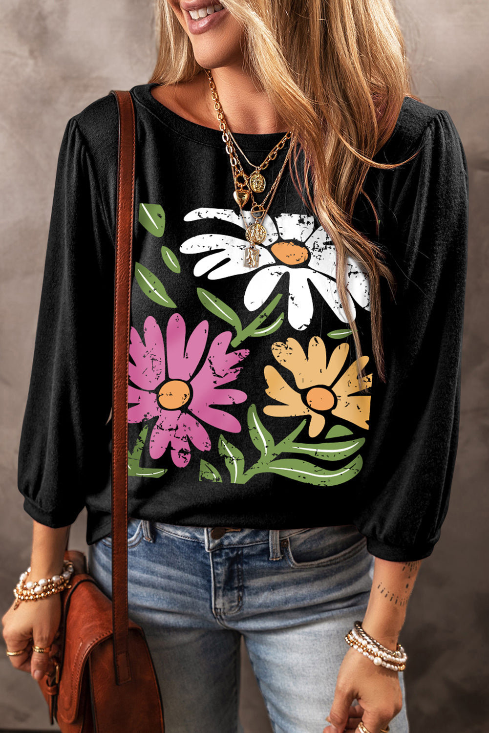 Flower Print Bracelet Sleeve Round Neck Top