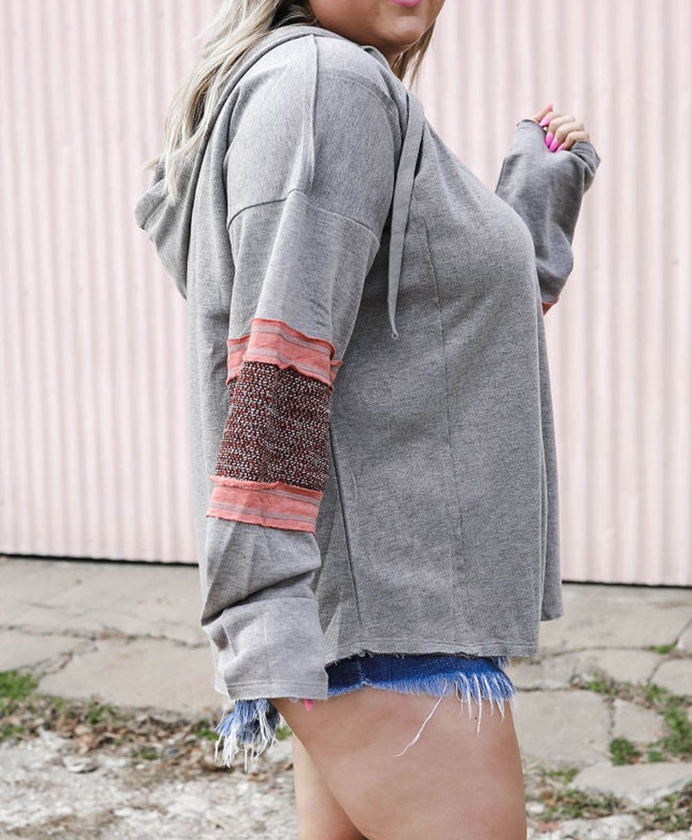 Contrast Patched Sleeve Plus Size Hoodie