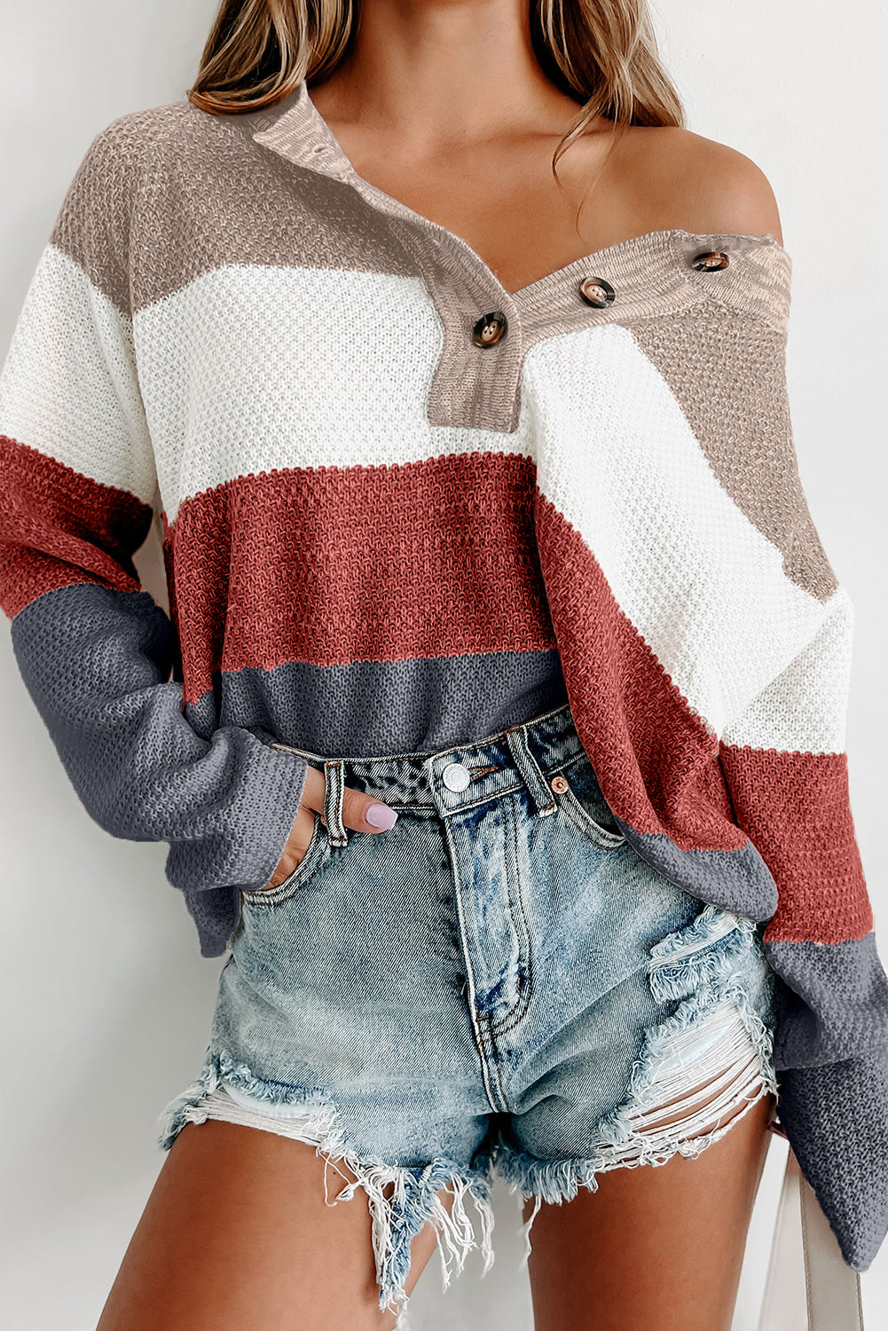 Loose Colorblock Knitted Henley Sweater
