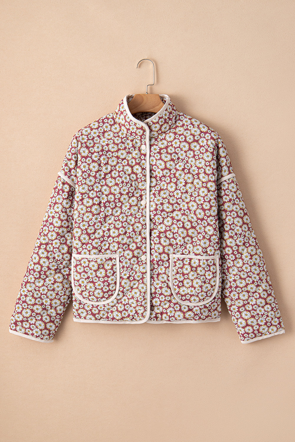 Floral Print Contrast Edge Stand Neck Coat