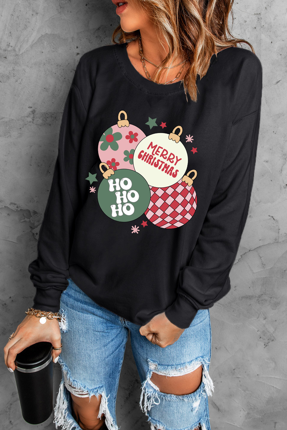 Floral Letter Christmas Ball Printed Crewneck Pullover Sweatshirt