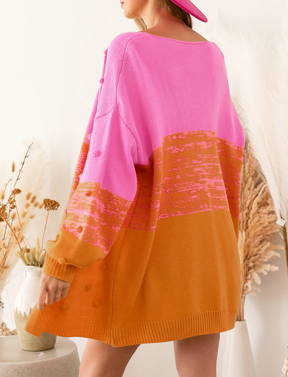 Pompom Color Block Open Front Cardigan