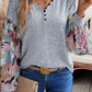 Floral Lantern Sleeve Patchwork Buttoned V Neck Top