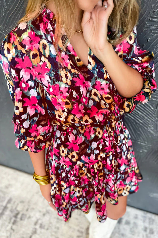 Floral Print Tiered Ruffled Half Sleeve V Neck Dress