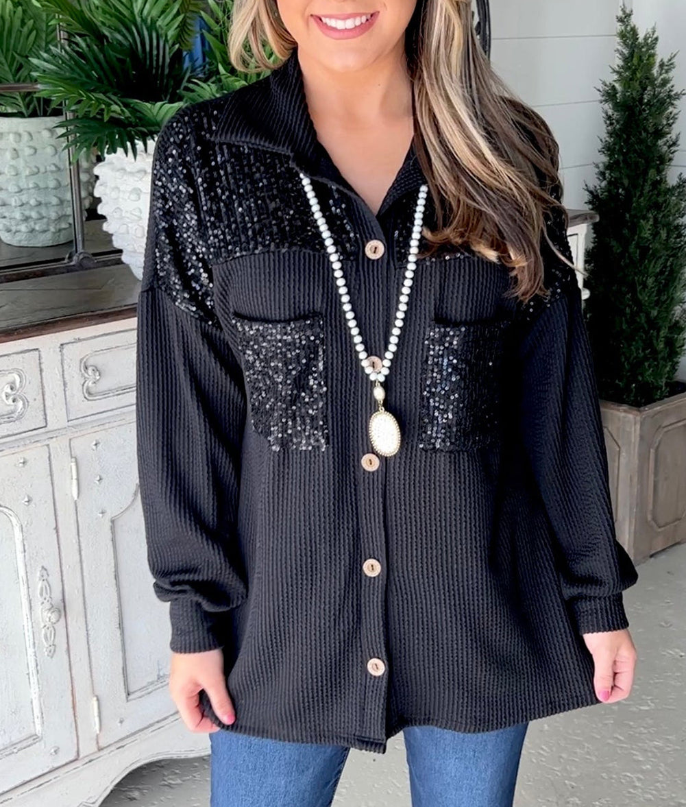 Sequin Patch Chest Pocket Corded Shacket