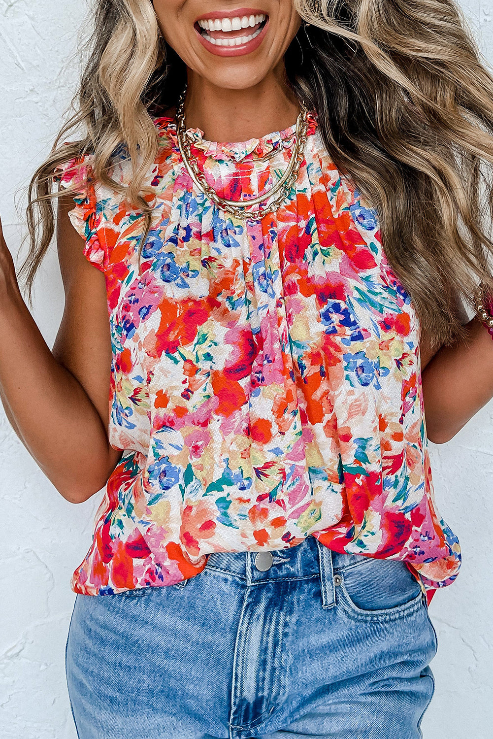 Frilled Neck Pleated Boho Floral Tank Top