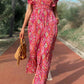 Printed V Neck Button Open Back Wide Leg Jumpsuit