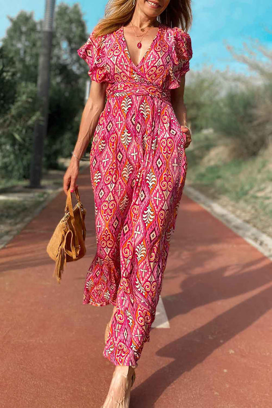 Printed V Neck Button Open Back Wide Leg Jumpsuit