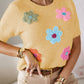 Cream Cute Flower Applique Short Sleeve Sweater