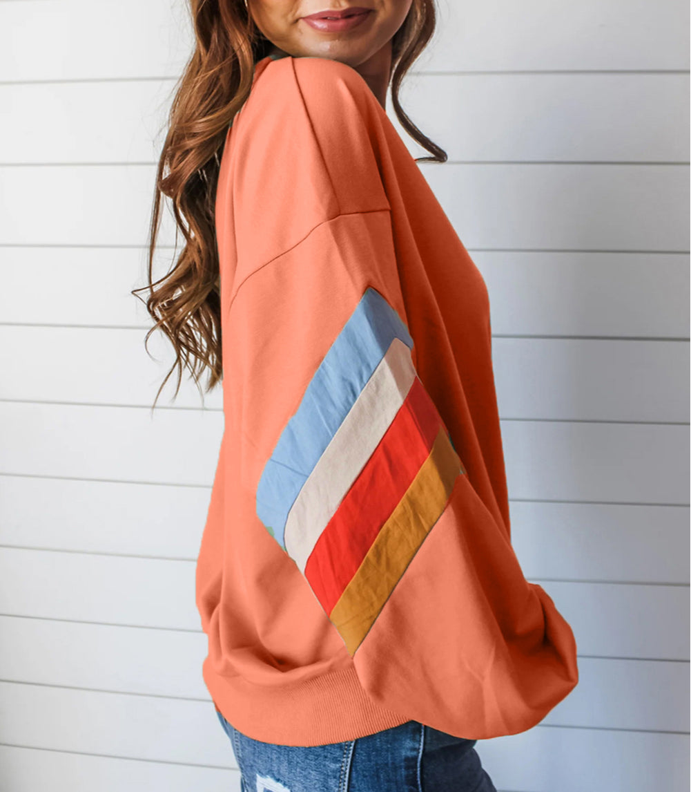 Rainbow Striped Sleeve Crew Neck Loose Sweatshirt