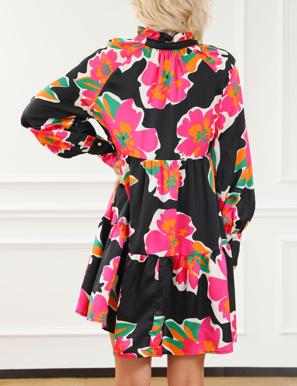 Frill Collar Split Neck Long Sleeve Floral Dress