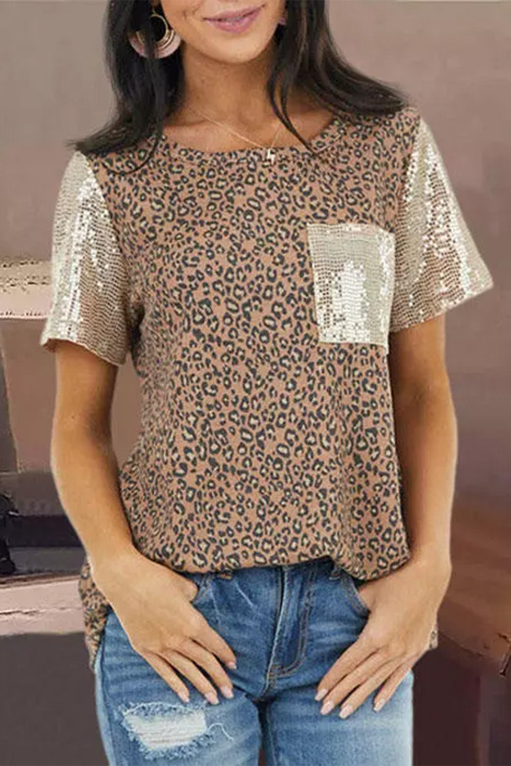 Print Sequin Patchwork Short Sleeve T Shirt