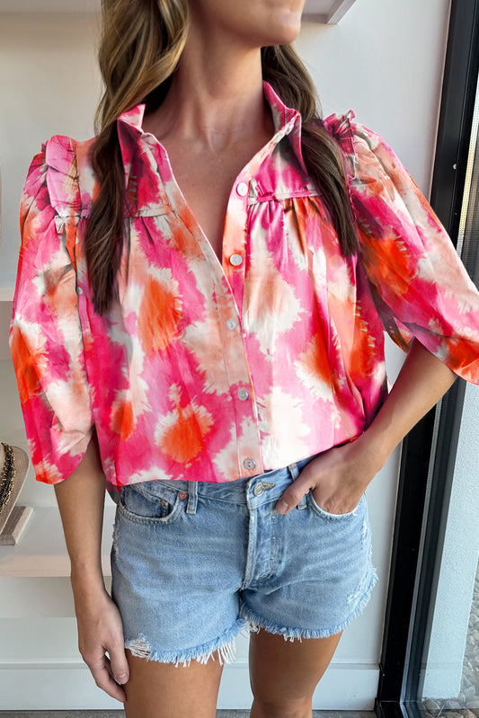Abstract Print Frilly Trim Half Sleeve Shirt