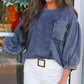 3/4 Sleeve Ruffled Patched Pocket Denim Blouse