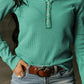 Trimmed Henley Neckline Waffle Knit Long Sleeve Top