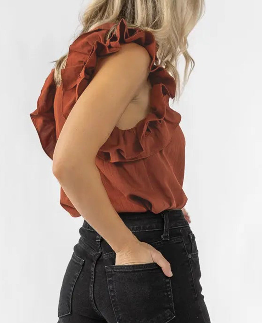 Sandalwood Ruffle Trim Sleeveless Blouse