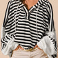 Oversized Striped Henley Buttons Dolman Sleeve Hooded Top