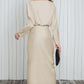 Satin Wrap Tie Side Boat Neck Long Sleeve Dress