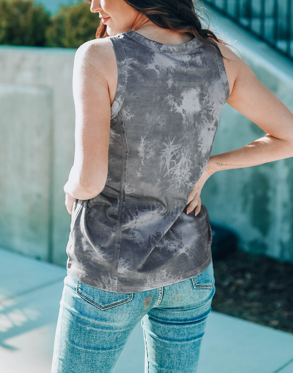 Tie Dye Print Seamed Crew Neck Tank Top