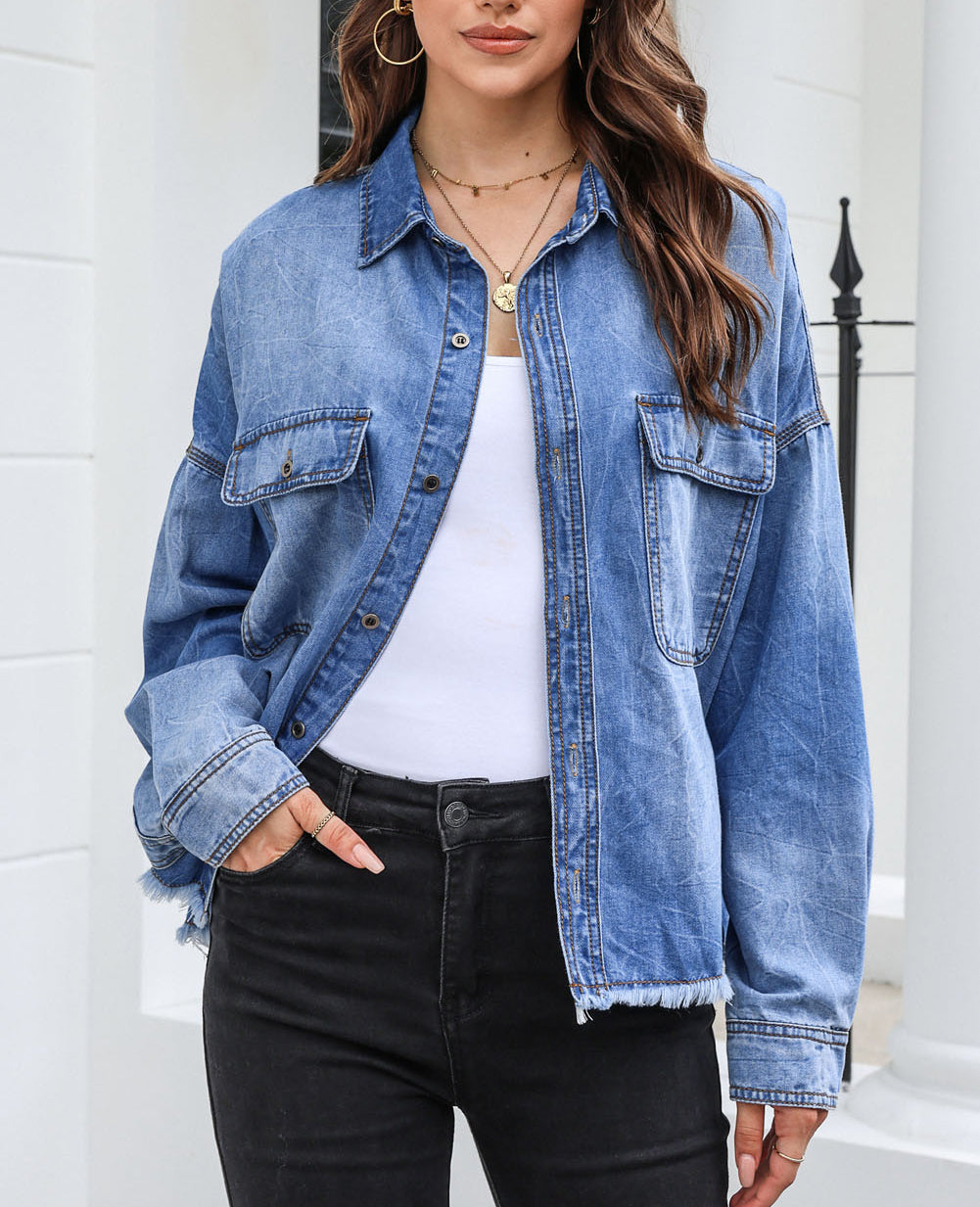 Flap Pockets Raw Hem Denim Shacket